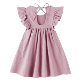 Dutebare Toddler Baby Girl Dress Cotton Linen Ruffle Sleeve Dresses Girls Summer Casual Sundress Pink 80