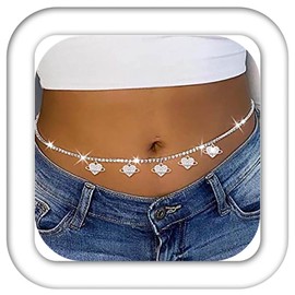 Zookey Rhinestone Tassel Waist Chain Crystal Heart Belly Chain Silver Rave Nightclub Body Chain Jewellery for Women and Girls
