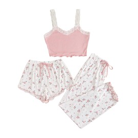 Milumia Women's 3 Piece Pajama Sets Floral Lace Cami Top and Shorts & Pants Pj Sets Loungewear Pink