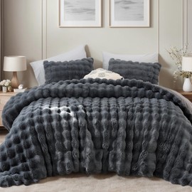 YIKUSH YIKUSH Fluffy Comforter Set Queen - Super Soft Dark Grey Faux Fur Comforter Bed Set, Warm Fuzzy Bedding Set for Winter (1 Comforter, 2 Pillowcases)