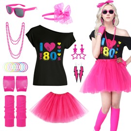 80s Outfit Women's Costume Women's 80s Clothing Women's Set, Costume Accessory Set with T-Shirt Tutu Headband Earring Necklace for Theme Party, Carnival (Pink Set, L)