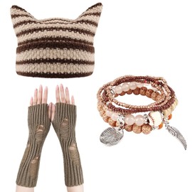 Upgesy Women Brown Caps Hats, Women's Fingerless Gloves, Boho Beed Bracelets Gifts for Women, Colorful Therian Things Y2k Accessories