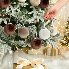 15 PCS Christmas Ball Ornaments, 3.15 Inch Velvet Shatterproof Christmas Decorations for Xmas Holiday Star Brown Neutral Tree Ornaments Vintage Hanging Decor