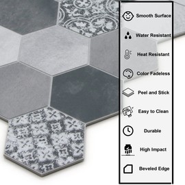 The Tiles Plaza Backsplash Tile for Kitchen Peel and Stick, Hexagon Stick on Tile, Cement Vintage self-Adhesive Wall Tile, Grey 10 Sheets