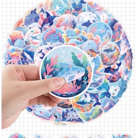 Cute Ocean Life Stickers, 50 Pieces Cute Hand-Painted Shark Whale Dolphin Stickers for Guitar Skateboard Laptop Luggage Vinyl Waterproof