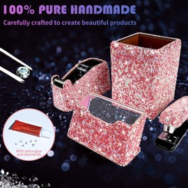 Bling Crystal Luxury Handmade Diamond Pencil Pen Pot Holder & Stapler & Card Holder & Desktop Tape Dispenser Office Stationery Kit for Fashion Girls Women (Pink Square)