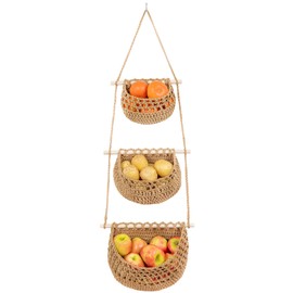 Cotton Hanging Fruit Basket, 3 Tier Woven Wall Basket, Hanging storage baskets for KItchen and Bathroom, Macrame Wall Hanging, Boho Decor Over The Door Organizer, Brown
