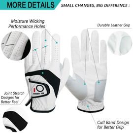 FINGER TEN Golf Gloves Men's Leather Left Right Golf Glove Value 2 Pieces Golf Gloves Left Right Hand Not Pair Men Golfer Rain Grip Non-Slip for Size S M ML L XL (ML, Right)