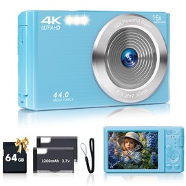 SMARTKLIK Digital Camera for Teens, FHD 4K 44MP with 64GB SD Card, 16X Digital Zoom, Compact Point Shoot Camera Blue