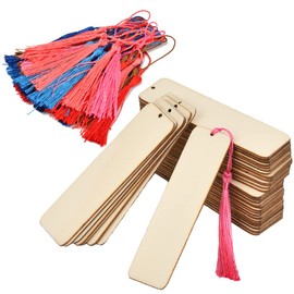 BVOPLME 36pcs Wooden Bookmark DIY Blank with 36pcs Multiple Colour Tassel, DIY Wooden Craft Bookmark, Unfinished Wood Hanging Tags Rectangle Blank Wooden Bookmarks with Holes and Ropes for Crafts