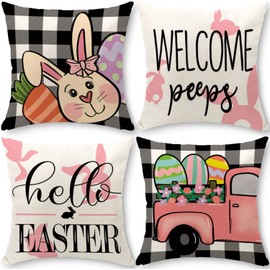 Cirzone Easter Cushion Cover, 45 x 45 cm, Set of 4, Easter Decorative Cushion Cover, Easter Pink Truck Cushion Cover, Easter Decoration for Home, Sofa, Garden, Bedroom