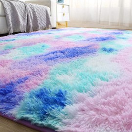 Fluffy Shaggy Area Rug for  Bedroom, 4 x 6 Feet Modern Fluffy Area Rug, Purple Blue Tie Dye Soft Plush Carpet for Living,    Teens Room, Bedsides, Home Office Decor