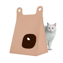 Spacious Felt Cat Cave Bed Cozy Cat Cube House for All-Season Foldable Hanging Swing Scratcher Dual Openings for Airflow & Play-Brown