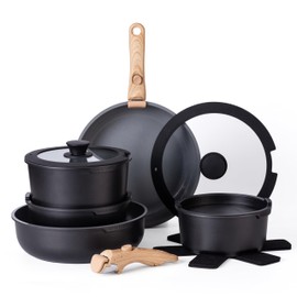 Country Kitchen 16 Piece Pots and Pans Set - Safe Nonstick Ceramic Coating Kitchen Cookware with Soft Touch Wooden Removable Handle, RV Cookware Set, Oven Safe (Black/Grey)