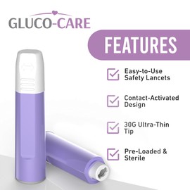 GLUCO-CARE Safety Lancets 30G x 1.8 mm, Contact Activated Lancing Device, Preloaded Single-Use Design, Sterile, Box of 100, Automatic Tip Retraction, Gentle Sampling, Easy 3-Step Operation,