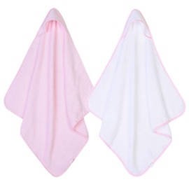 2 x Hooded Baby Towel Soft 100% Cotton Bath Wrap Pack of Two Towels, Pink & White