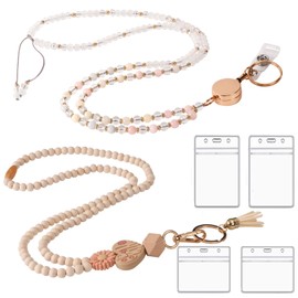 2 Pcs Lanyards for Id Badges Retractable Natural Stone Beaded Lanyards for Women Wooden Bead Silicone Teacher Lanyard with Id Holder (Simple)