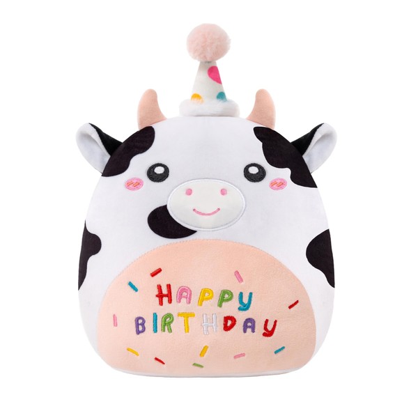 SQEQE Cow Stuffed Animal Kawaii Cow Plushie with Birthday Hat
