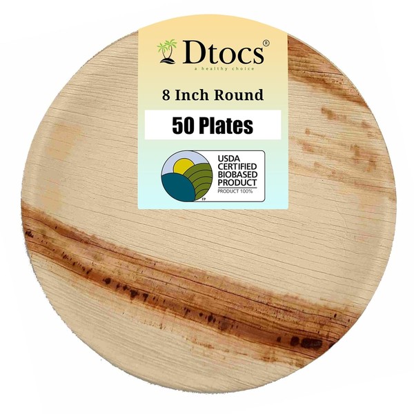 Dtocs Palm Leaf Plate 8 Inch Round (Pack 50) | Bamboo Plate Disposable Like Mini Charcuterie Board, Compostable Dinner Plate For Wedding Party | Wooden Plate Look Alternate to 8" Paper Plates