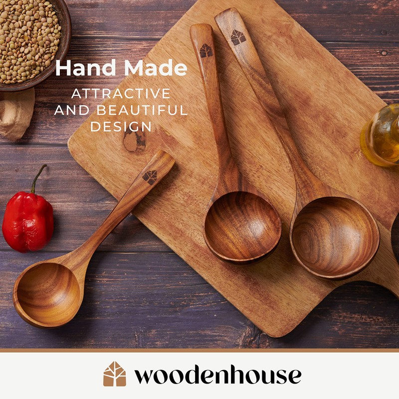 Wooden Ladle Spoon Set, 3 Size Teak Wood Kitchen Serving