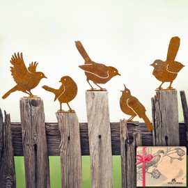 OULYDEKO 5PCS Rusty Birds Decoration, Outdoor Fence Decorations, Metal Birds Craft Statue Ornaments - Perfect Yard Art and Large Outdoor Ornaments, Fence Topper and Bird Decor (Wren12x12cm)