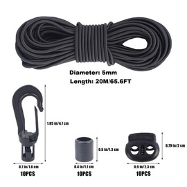 VirtuGro 20M Bungee Cords with Hooks 5MM Elastic Rope with 10pcs Bungee Shock Cord Hooks and 10pcs Plastic Clips for Drawstrings, Heavy Duty Elastic Rope for Tarpaulin Trailer Backpack Tene Luggage
