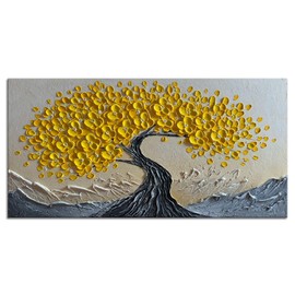 zoinart 3D Oil Paintings, 24"x48", Texture Yellow Tree Wall Art, Abstract Floral Painting Home Decorations Contemporary Art for Living Room Bedroom Office Kitchen Wall Decor