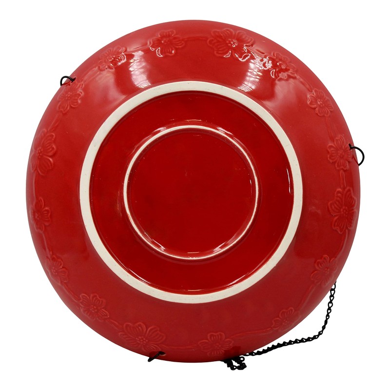 Backyard Essentials Red Ceramic Hanging Birdbath, Black Metal Chain Hanger,