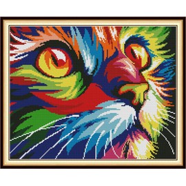 YEESAM ART Cross Stitch Kits Stamped for Adults Beginner Kids, Colorful Cat Head 11CT 50×41cm DIY Embroidery Needlework Kit with Patterns Needlepoint Christmas (Colorful)