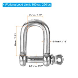PATIKIL Screw Pin Shackle M5 3/16" 220lbs, 5 Pack 304 Stainless Steel D Ring Shackle for Chains Wire Rope Outdoor, Silver