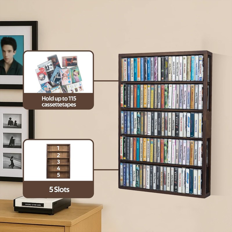 Wooden cassette tape storage Rack,Hold up to 115 cassette tapes,Wall