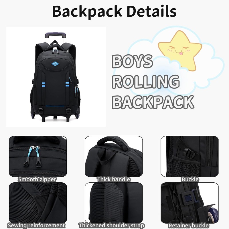 Rolling Backpack for Boys Elementary School Bag with Wheels Travel