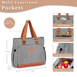 HSHRICH Large Women Lunch Bags for Work/Insulated Adult Lunch Box/Leakproof Cooler Lunch Tote Bag with Storage Pocket. Reusable Lunch Cooler Purse for Work Picnic Hiking 14L, Stripe