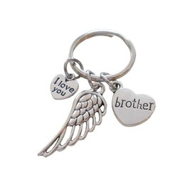 Memorial Keychain, Wing Charm and Heart Charm and I Love You Charm; My Guardian Angel Keychain (With Brother Heart)