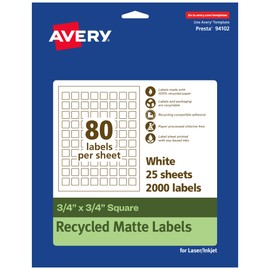 Avery EcoFriendly Matte White Recycled Square Labels, 3/4" x 3/4", Print-to-The-Edge, Matte White Labels, Permanent Adhesive, Laser/Inkjet Printable, 2,000 Total