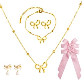 TT·SSTIE Coquette Bow Jewelry Set for Women, Gold Necklace and Earring set Pink Bows for Hair Coquette Accessories Bow Bracelet Trendy Stuff Valentine Gifts