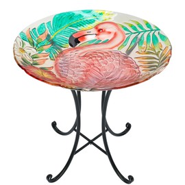 MUMTOP Outdoor Glass Birdbath with Metal Stand for Outside Yard Garden Decor, 18 inch Diameter Flamingo Bird Baths Bowl for Outdoors, 21.65 inch Height