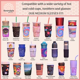 BAXENDALE AND CO Reusable Neoprene Insulator Sleeves for Iced Coffee and Cold Drink Cups (2 PK Medium 22-24oz, Sunflower Tie Dye & Black)