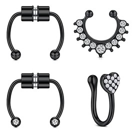 AceFun Fake Septum Nose Ring, Horseshoe-Shaped False Nose Ring Reusable Nose Ring Painless Fake Septum Fake Nose Ring Black Non-Piercing Clip On Nose Hoop Rings for Women Men