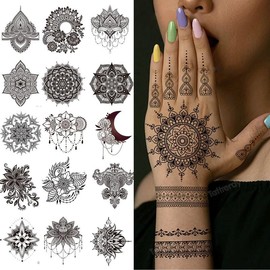 Tattoos -20 Sheets Flower Temporary Tattoos Henna Flower Lace Design Waterproof Tattoo stickers for Women Wedding Party Festivals Parties Decoration Suppliers - Specification: green shamrock