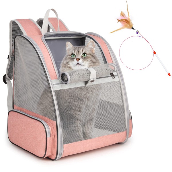 Cat Backpack Carrier, Large Pet Backpack with Cat Wand Feather Toy for Medium Small Dog Cat Puppy Kitten Bunny up to 15lbs, Ventilated Mesh Dog Travel Backpack for Hiking Walking Outdoor Use (Pink)