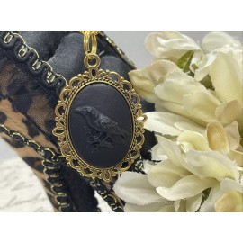 Fancy Fox Boutique Black Crow Raven Gothic Steampunk Cameo Necklace Mens Womens Gift Wedding Gold T