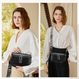 Kleine Moderne Umhängetasche Damen mit 3 Fächern, Bauchtasche Echt Leder Damen mit Elegante Breitem Gurt, Crossbody Bag Damen Klein, Münzbörsen für Damen Senden (Schwarz)