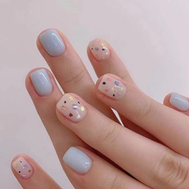 Short Nail Tips, Set of 24, False Nails, Blue, Popular, Japanese Style, Cute, Nail Tips, Simple, Stylish, Party, Autumn, Winter, Spring and Summer, Can be Used for Everyday Use, Bride Nails, Coming-of-Age Ceremonies, School Entrance Ceremonies, Graduatio