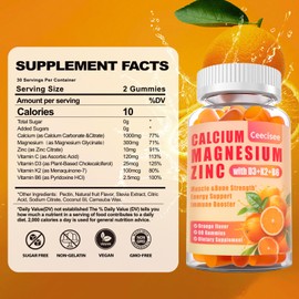 Calcium Magnesium Zinc Gummies with D3 &B6 &K2,1000mg Calcium Gummies with 300mg Magnesium Support Immune Energy for Adults and Teens,Sugar Free(120Count)