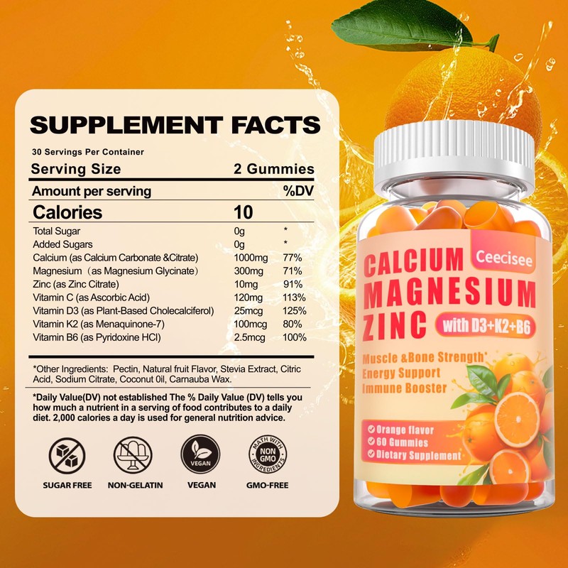 Calcium Magnesium Zinc Gummies with D3 &B6 &K2,1000mg Calcium Gummies