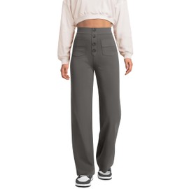 keriffe Women's Straight Leg Pants High Waisted Button Stretchy Business Work Casual Trousers Multiple Pockets Dark Grey