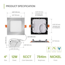 ASD 6 Pack LED Square Recessed Lighting 4 Inch, 5 CCT 2700K-5000K, 12W 50W Eqv, Ultra Thin Dimmable Ceiling Lights with J Box, Canless Wafer Downlight, Slim Panel Light, UL Energy Star, Brushed Nickel
