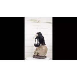 Edgar Corvus Raven Perching On Rose Skull Statue With Solar LED Lantern Light