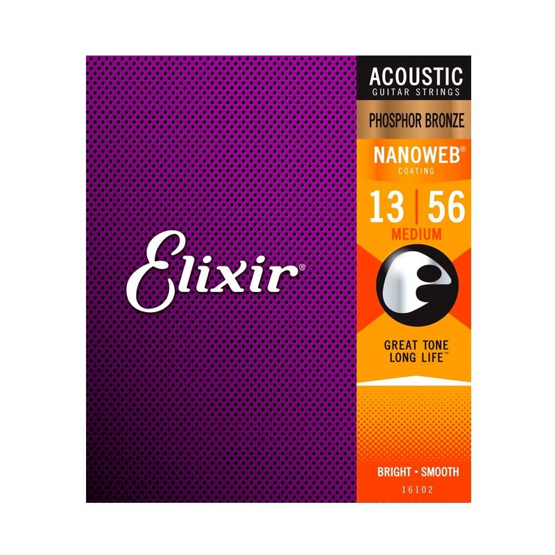 Elixir Phosphor Bronze Nanoweb 16102 Medium 13-56 Acoustic Guitar Strings